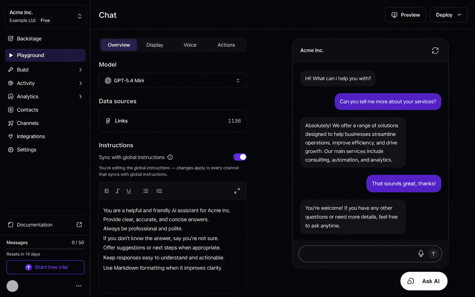 The AmueAI dashboard showing an AI agent answering customer questions