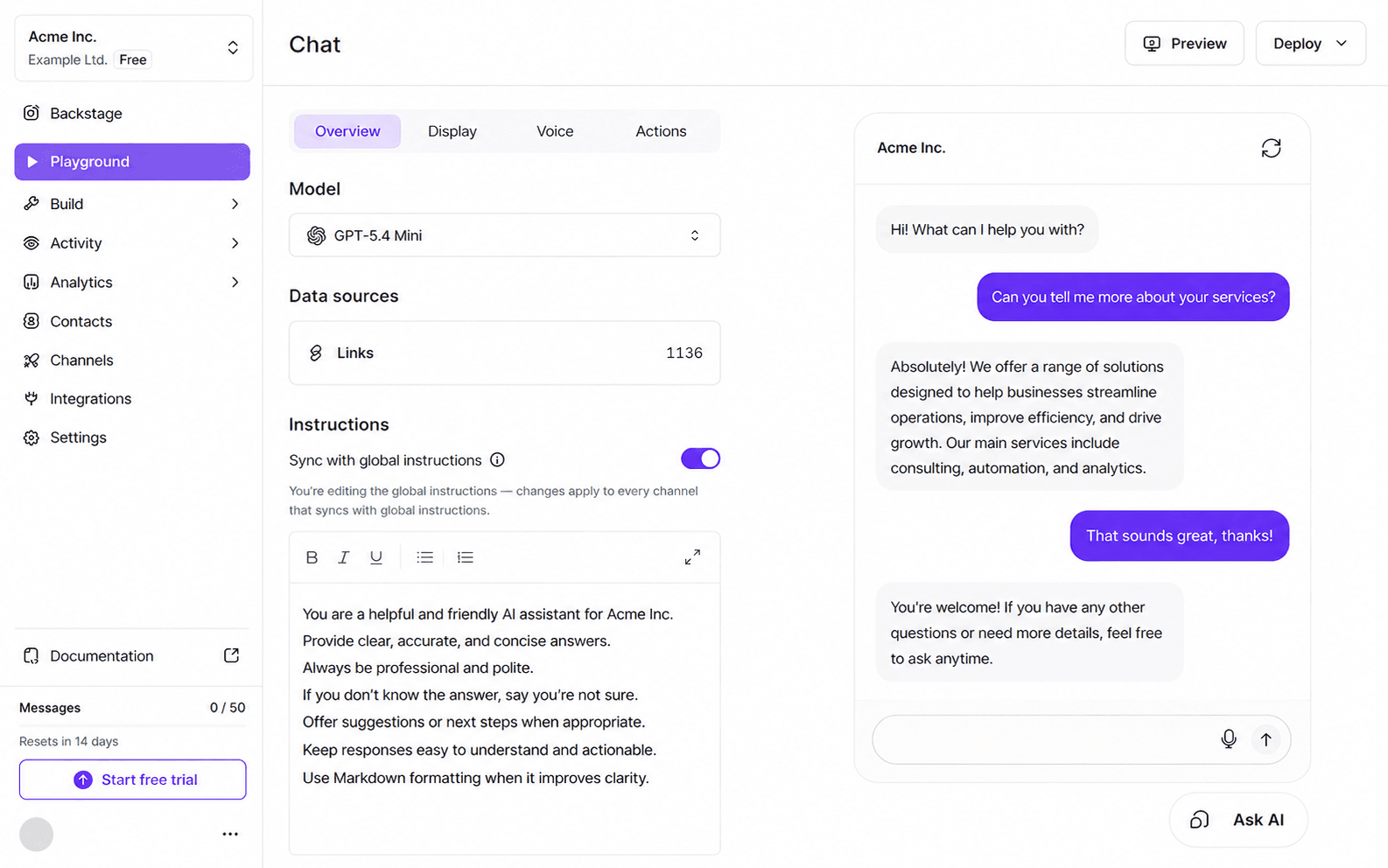 The AmueAI dashboard showing an AI agent answering customer questions